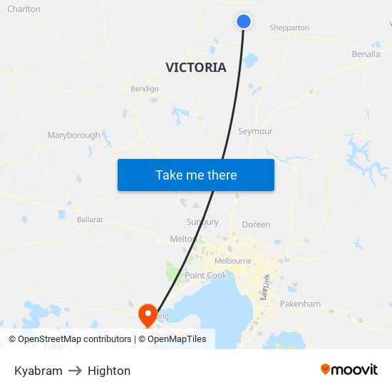 Kyabram to Highton map