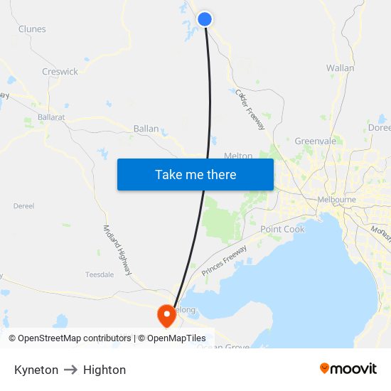 Kyneton to Highton map