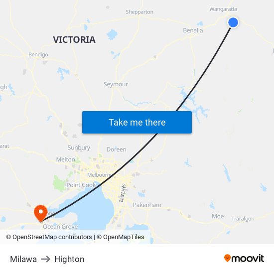 Milawa to Highton map