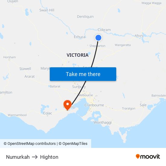 Numurkah to Highton map