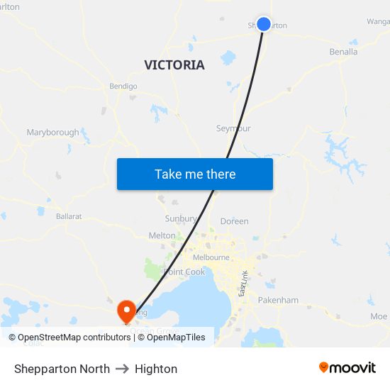 Shepparton North to Highton map