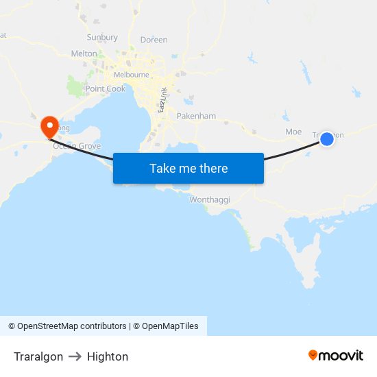 Traralgon to Highton map