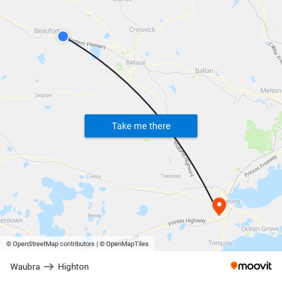 Waubra to Highton map