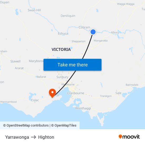 Yarrawonga to Highton map