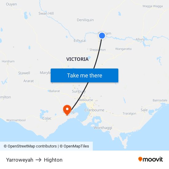 Yarroweyah to Highton map