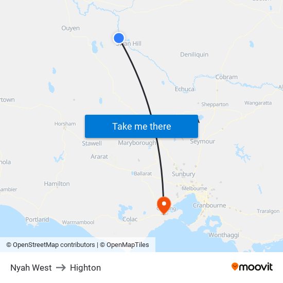 Nyah West to Highton map