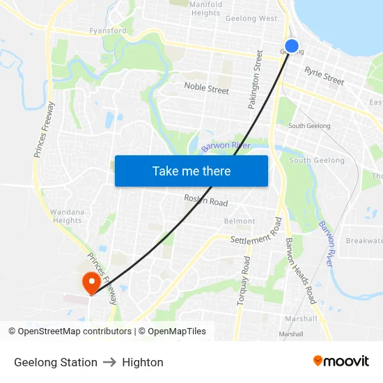 Geelong Station to Highton map