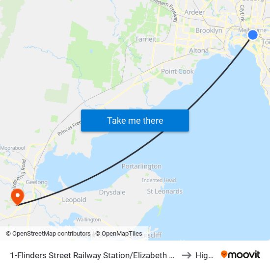 1-Flinders Street Railway Station/Elizabeth St (Melbourne City) to Highton map