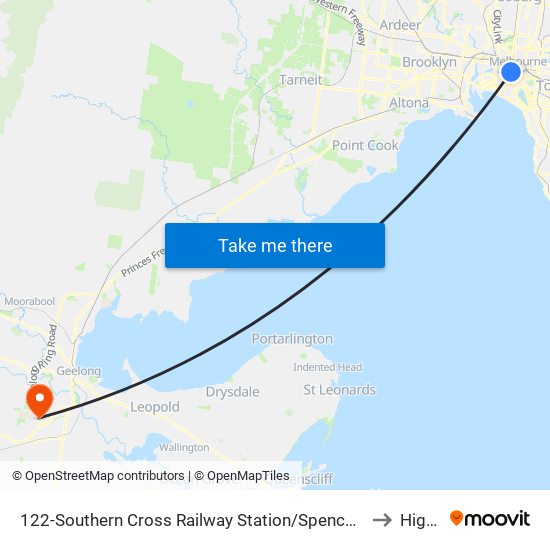 122-Southern Cross Railway Station/Spencer St (Melbourne City) to Highton map