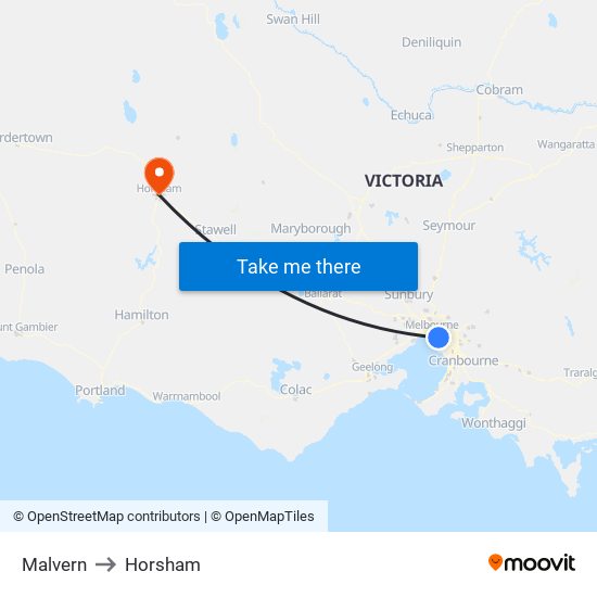 Malvern to Horsham map