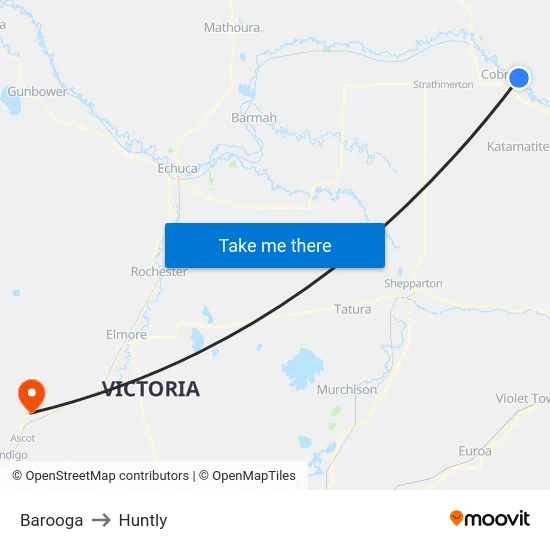 Barooga to Huntly map