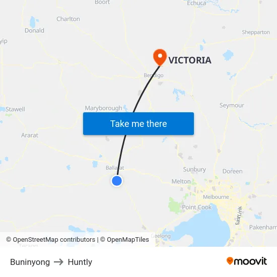 Buninyong to Huntly map