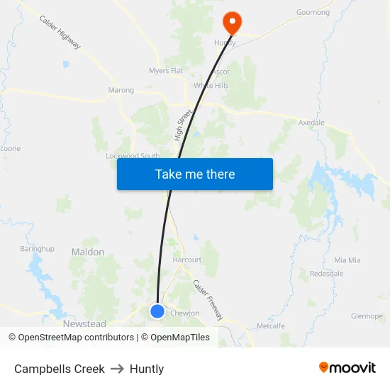 Campbells Creek to Huntly map
