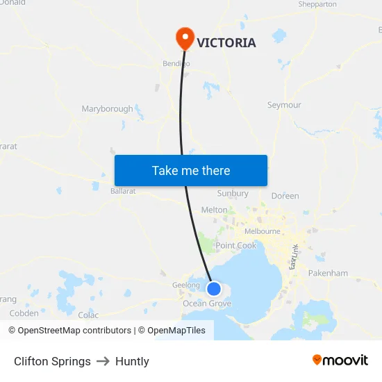 Clifton Springs to Huntly map