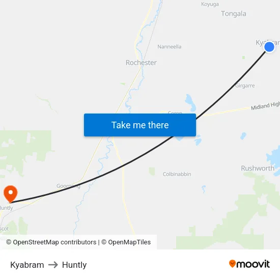 Kyabram to Huntly map