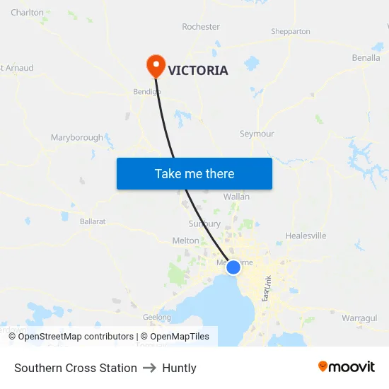 Southern Cross Station to Huntly map