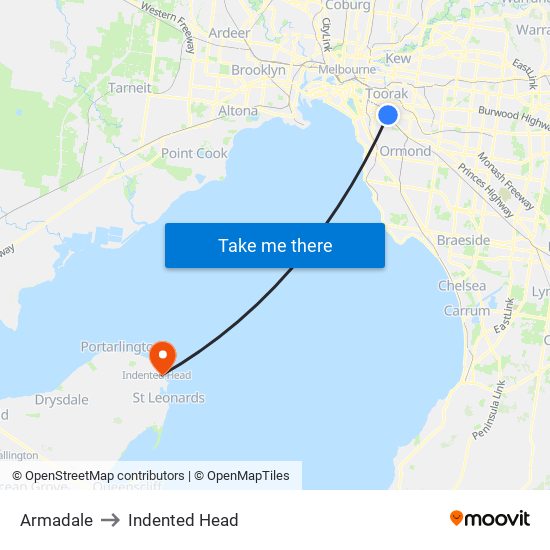 Armadale to Indented Head map