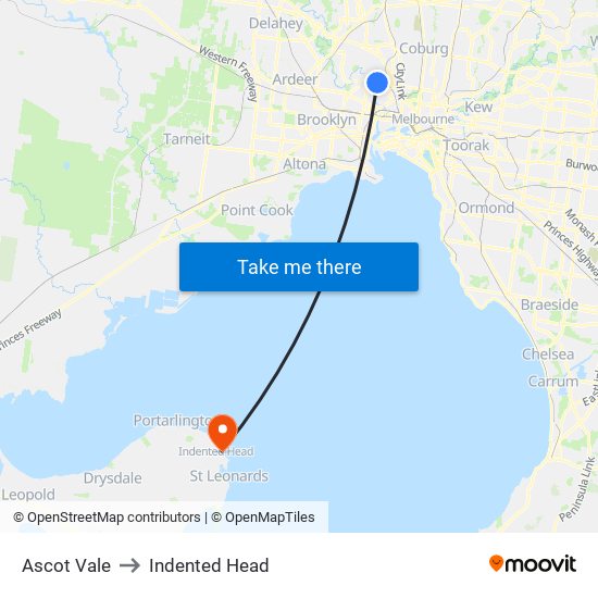 Ascot Vale to Indented Head map