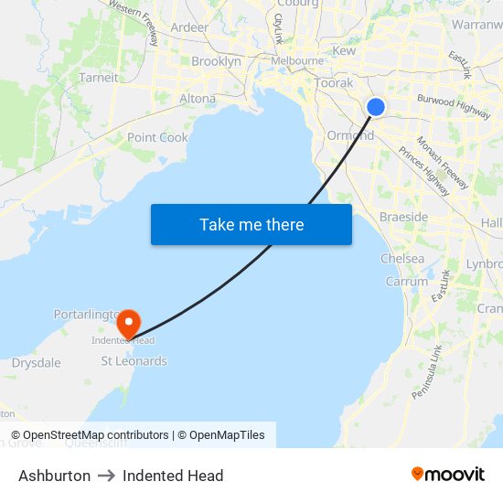 Ashburton to Indented Head map