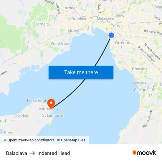 Balaclava to Indented Head map