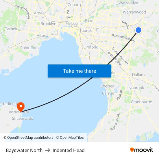 Bayswater North to Indented Head map