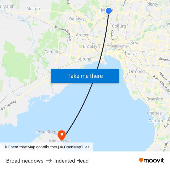 Broadmeadows to Indented Head map