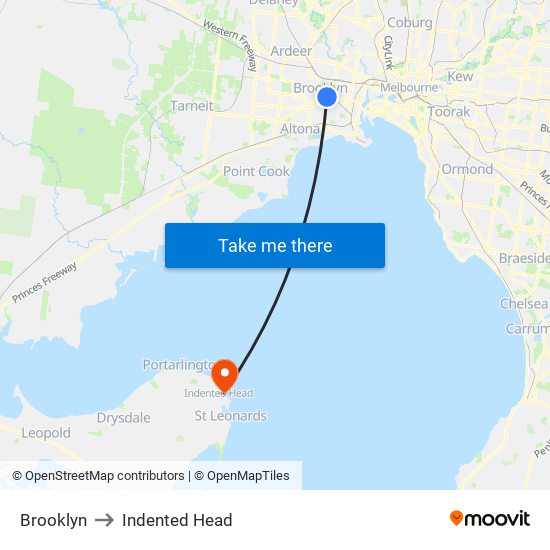 Brooklyn to Indented Head map