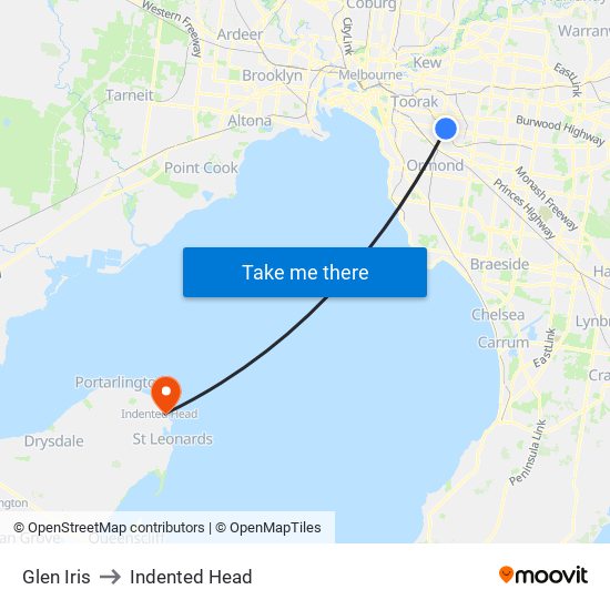 Glen Iris to Indented Head map