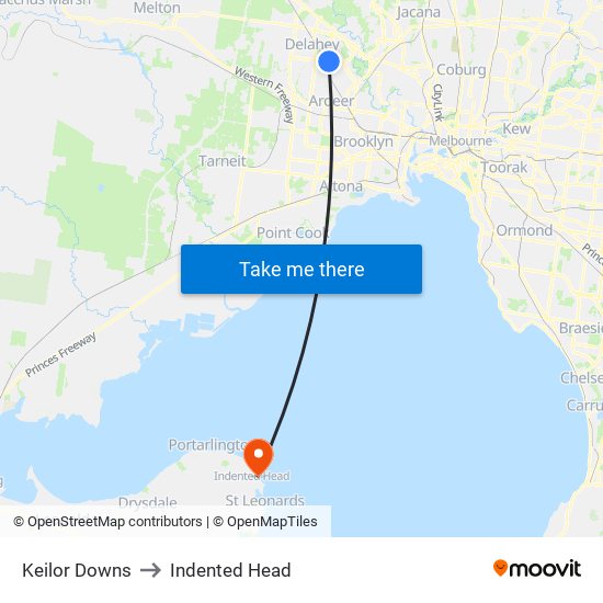 Keilor Downs to Indented Head map