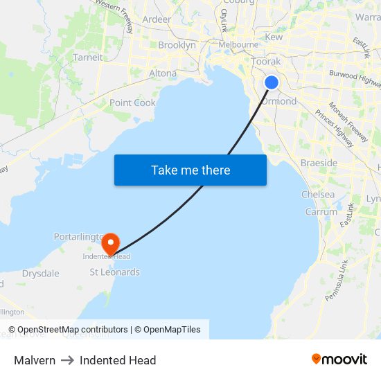 Malvern to Indented Head map