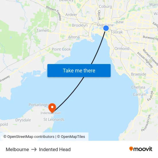 Melbourne to Indented Head map