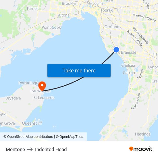 Mentone to Indented Head map