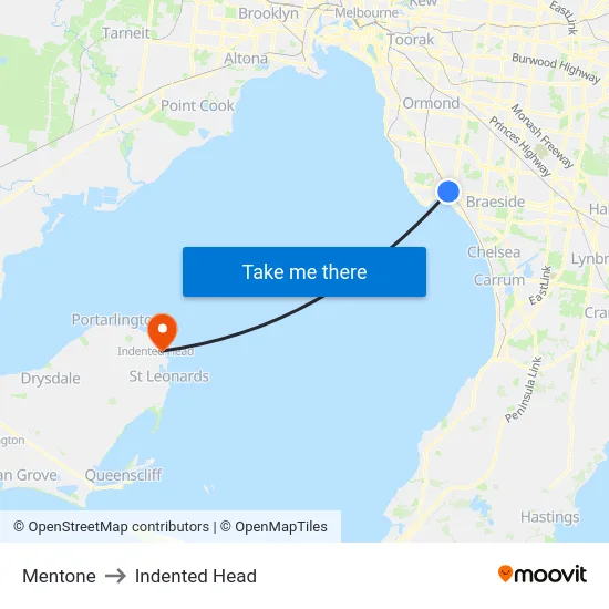 Mentone to Indented Head map