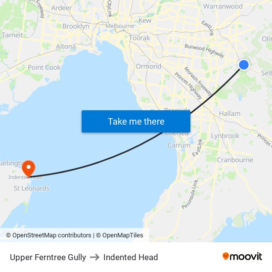 Upper Ferntree Gully to Indented Head map