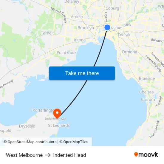 West Melbourne to Indented Head map
