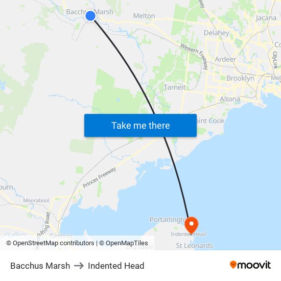 Bacchus Marsh to Indented Head map