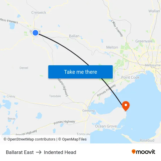 Ballarat East to Indented Head map