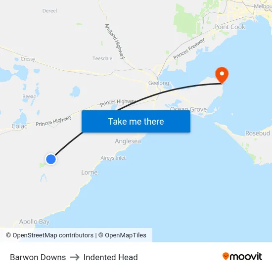 Barwon Downs to Indented Head map