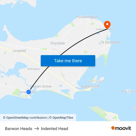 Barwon Heads to Indented Head map