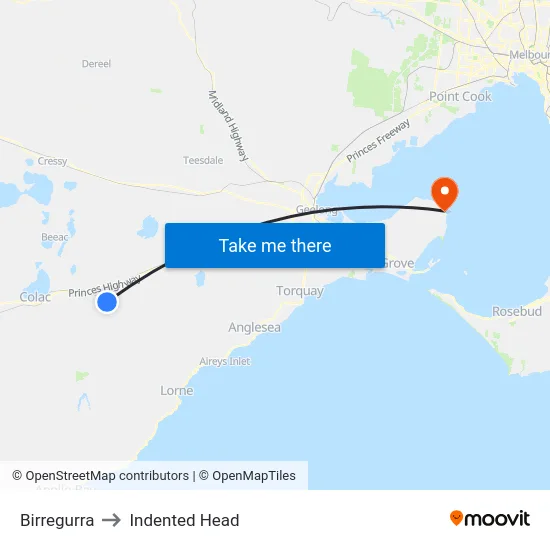 Birregurra to Indented Head map
