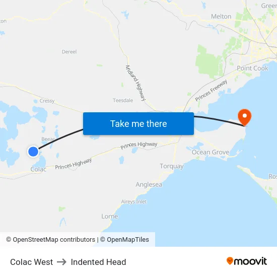 Colac West to Indented Head map