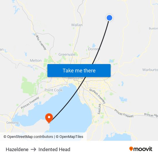 Hazeldene to Indented Head map