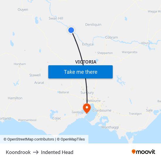 Koondrook to Indented Head map