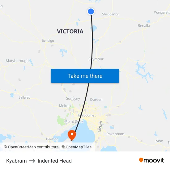 Kyabram to Indented Head map