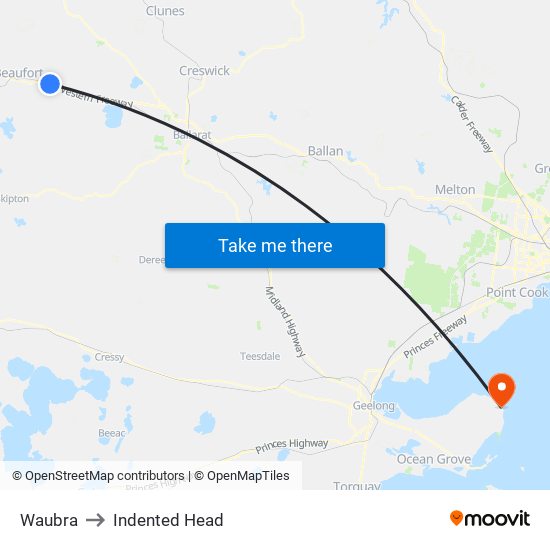 Waubra to Indented Head map