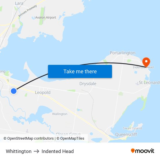 Whittington to Indented Head map