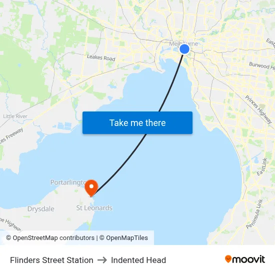 Flinders Street Station to Indented Head map
