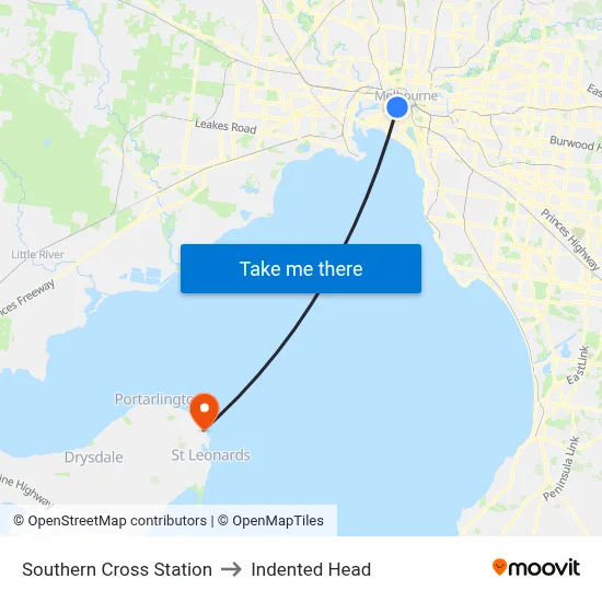 Southern Cross Station to Indented Head map