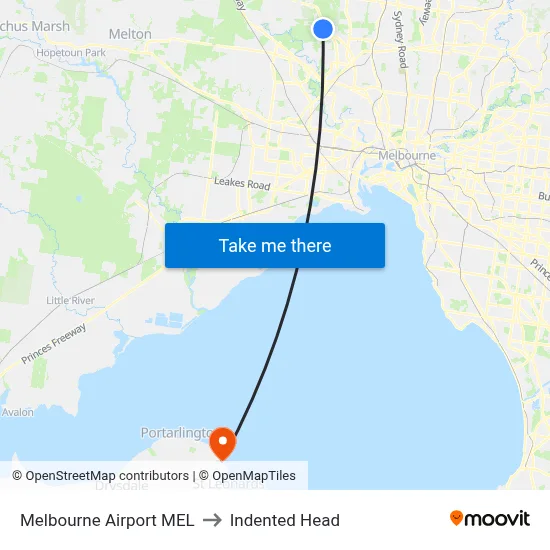 Melbourne Airport MEL to Indented Head map