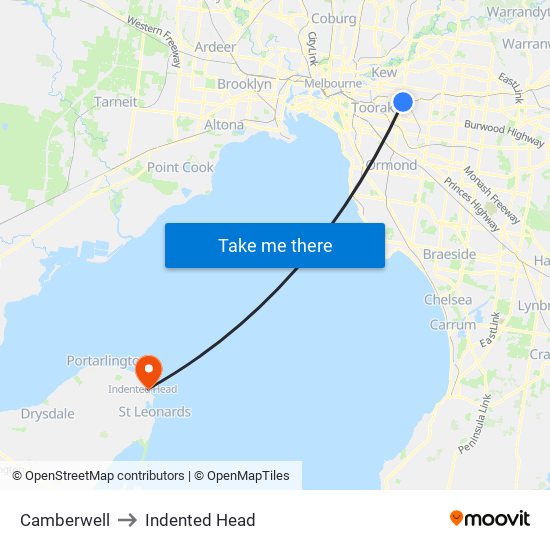 Camberwell to Indented Head map